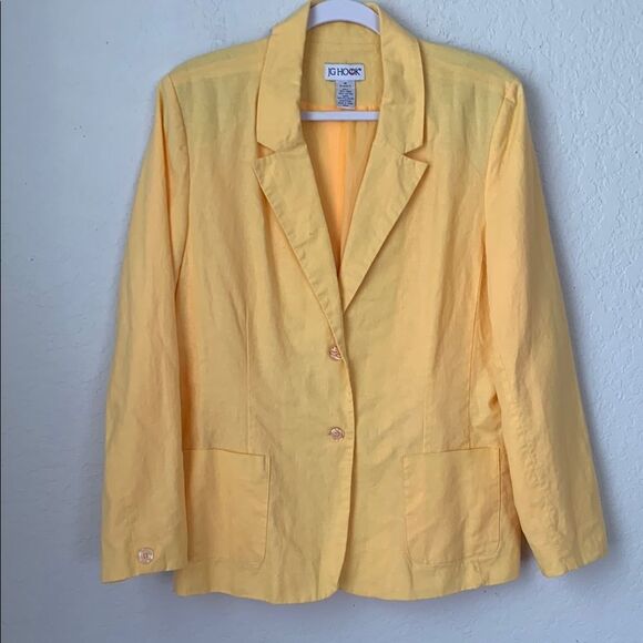 JG Hook Linen Cotton Yellow Women's Blazer Two Buttons Closure Pockets Size 14 - Picture 1 of 8